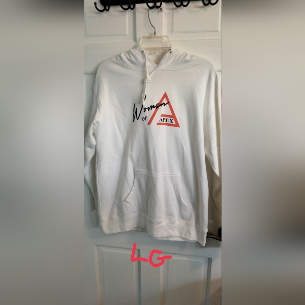 Apex Women of Apex white hoodie with red and black accents